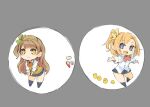  2girls brown_eyes brown_hair character_request chibi closed_mouth full_body hair_ornament long_hair looking_at_viewer love_live! love_live!_school_idol_project minami_kotori mota multiple_girls one_side_up open_mouth otonokizaka_school_uniform school_uniform skirt smile 