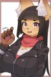  absurd_res anthro arumo big_breasts black_clothing black_hair black_jacket black_topwear blush border breasts canid canine claws cleavage clothed clothing cute_fangs female fox fur hair hi_res inner_ear_fluff jacket kemono komena_akamori leather leather_clothing leather_jacket leather_topwear looking_at_viewer mammal neckerchief open_mouth outside_border pawpads ponytail signature simple_background solo topwear tuft white_background white_body white_fur yellow_body yellow_fur zipper 