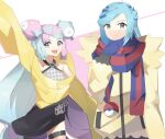  1boy 1girl blue_mittens bow-shaped_hair character_hair_ornament grusha_(pokemon) hair_ornament hexagon_print highres iono_(pokemon) jacket kanonblog776 long_hair low-tied_long_hair multicolored_hair oversized_clothes pink_eyes pink_hair poke_ball_print pokemon pokemon_(game) pokemon_sv scarf scarf_over_mouth sharp_teeth shirt sleeveless sleeveless_shirt sleeves_past_fingers sleeves_past_wrists teeth twintails two-tone_hair two-tone_scarf very_long_hair very_long_sleeves x yellow_jacket 