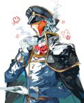  black_cape black_headwear blue_jacket cape chikichi clothed_robot cup flower gloves hat holding holding_cup holding_plate humanoid_robot jacket kurogane_(chikichi) military_hat no_humans original plate robot sketch smoke solo teacup upper_body white_gloves 