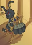  anthro armwear bandage big_breasts big_butt black_pupils blue_eyes breasts butt chair clothing egyptian female furniture grey_body half-closed_eyes hi_res huge_butt lagomorph leporid looking_back mammal narrowed_eyes neckwear pupils rabbit sitting solo undergroundj wrappings 