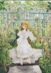  1girl absurdres angel angel_wings barefoot blonde_hair dress feathered_wings floating fujitoma garden hair_between_eyes halo highres levitation long_hair looking_at_viewer looking_back original painting_(medium) plant scenery traditional_media tree watercolor_(medium) white_dress wings 