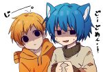  2boys alternate_skin_color animal_ears blue_hair brothers cat_ears closed_mouth commentary darwin_watterson english_commentary facial_mark fang gumball_watterson highres kemonomimi_mode long_sleeves looking_at_viewer male_child male_focus multiple_boys open_mouth orange_hair personification runba1760 short_hair siblings simple_background sketch the_amazing_world_of_gumball translation_request upper_body white_background 
