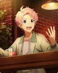  1boy ahoge blue_eyes brick_wall cup drink drinking_straw fingernails ice ice_cube idolmaster idolmaster_side-m idolmaster_side-m_growing_stars kabuto_daigo light_bulb long_sleeves male_focus official_art open_clothes open_mouth pink_hair shirt smile solo third-party_source white_shirt 
