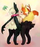  2girls animal_ear_fluff animal_ears animal_feet animal_hands animal_nose ass black_fur blush body_fur braixen cat_girl cat_tail claws commentary_request floating floating_object fox_ears fox_girl fox_tail from_behind full_body fur_collar furry furry_female green_fur green_hair hand_to_own_mouth hand_up happy highres legs looking_at_viewer looking_back meowscarada multiple_girls open_mouth pokemon pokemon_(creature) red_eyes short_hair sideways_mouth simple_background smile snout standing stick tail tail_raised take_your_pick tashiro_yuu two-tone_fur white_fur yellow_fur 