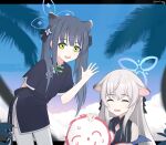  1boy 2girls :d ^_^ ^o^ absurdres animal_ears bangs bent_over black_hair blue_archive blue_sky blurry china_dress chinese_clothes closed_eyes cloud cloudy_sky commentary depth_of_field dress extra_ears green_eyes grey_hair hair_ornament hair_ribbon halo headpat highres kokona_(blue_archive) long_hair looking_at_viewer multicolored_hair multiple_girls paralier ribbon sensei_(blue_archive) short_sleeves shun_(blue_archive) shun_(small)_(blue_archive) side_slit sidelocks sky sleeveless smile streaked_hair sweatdrop thighhighs tiger_ears tiger_girl twintails two-tone_hair waving white_thighhighs 