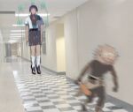  1boy 1other artist_name club_(weapon) floating floating_boy_chasing_running_boy_(meme) full_body genshin_impact highres hilichurl_(genshin_impact) indoors japanese_clothes levitation male_focus mask meme mimochs motion_blur sandals scaramouche_(genshin_impact) school shorts sweat wanderer_(genshin_impact) weapon 