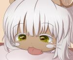  1other androgynous bangs brown_fur close-up furry highres horizontal_pupils licking made_in_abyss nanachi_(made_in_abyss) other_focus plate smugbuns solo tongue tongue_out whiskers white_hair yellow_eyes 