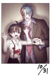  1boy 1girl ahoge black_suit bleeding_from_forehead blood blood_on_clothes blood_on_face blue_shirt cosplay costume_switch dated ear_piercing formal fukuda_tamotsu fukuda_tamotsu_(cosplay) hair_over_one_eye halloween hands_up highres hole_in_head hondoumachi_koharu hondoumachi_koharu_(cosplay) id_:invaded kinakkon long_sleeves looking_at_viewer necktie photo_inset piercing red_eyes red_necktie shirt standing suit suspenders white_shirt yellow_eyes 