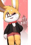  abstract_background anthro band-aid bandage bandage_on_face black_tie_(suit) boxers_(clothing) brown_eyes bruised_eye clothing coat_tails english_text fur hi_res lagomorph leporid looking_at_viewer male mammal one_eye_closed oob_(character) orange_body orange_fur pantsless portrait rabbit red_bow red_boxers red_clothing red_underwear smite_(artist) solo suit text three-quarter_portrait underwear 