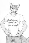  2022 akatan_art anthro bottomwear canid canine canis clothed clothing english_text eyebrows front_view fur graphite_(artwork) greyscale hands_on_hips hi_res humor looking_at_viewer male mammal monochrome pants pencil_(artwork) reaction_image shirt simple_background smile solo standing t-shirt text text_on_clothing text_on_shirt text_on_topwear topwear traditional_media_(artwork) tuft white_background wolf 