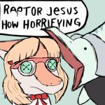  anthro blonde_hair blue_body blue_eyes dialogue dinosaur duo english_text eyewear fang_(gvh) female glasses goodbye_volcano_high hadrosaurid hair hi_res humor long_snout multicolored_body naomi_(gvh) open_mouth ornithischian parasaurolophus pterodactylus pterosaur puppet reaction_image reptile scalie silver_hair snoot_game_(fan_game) snout speech_bubble text two_tone_body video_games white_body 