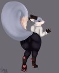  2020 anthro black_bottomwear black_clothing black_nose black_pants blue_body blue_eyes blue_fur bottomwear camel_toe cheek_tuft closed_smile clothed clothing ears_back facial_tuft female full-length_portrait fur glistening glistening_eyes grey_background hi_res isyld looking_at_viewer looking_back looking_back_at_viewer mouth_closed multicolored_body multicolored_fur pants pivoted_ears portrait rear_view red_eyes signature simple_background slight_smile solo topwear tuft two_tone_body two_tone_fur white_body white_clothing white_fur white_topwear 