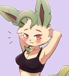  anthro anthrofied blush breasts eeveelution female generation_4_pokemon hands_behind_head hi_res leafeon looking_at_viewer nintendo park_horang pokemon pokemon_(species) simple_background solo video_games 
