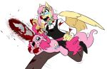  anthro anthrofied blood bodily_fluids chainsaw chainsaw_man clothing crying equid equine female fluttershy_(mlp) friendship_is_magic hasbro mammal my_little_pony pegasus pinkie_pie_(mlp) power_tool redxbacon tears tools wings 