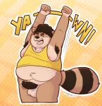  2022 anthro armpit_hair balls belly big_belly body_hair brown_body canid canine erection eyes_closed genitals hi_res humanoid_genitalia humanoid_hands humanoid_penis male mammal moobs nipples overweight overweight_male penis raccoon_dog solo stretching syrup_burr tanuki 