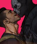  2boys black_hair black_jacket black_shirt call_of_duty call_of_duty:_modern_warfare_2 clothes_grab ghost_(modern_warfare_2) highres jacket licking licking_another&#039;s_face looking_at_another male_focus mask multiple_boys open_clothes open_jacket shirt short_hair skull_mask soap_(modern_warfare_2) tongue tongue_out umikochannart undercut upper_body yaoi 