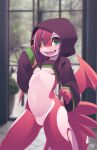  2022 anthro clothed clothing digital_media_(artwork) featureless_crotch green_eyes hair hi_res membrane_(anatomy) membranous_wings open_mouth red_hair rudragon smile solo teeth tongue wings yellow_sclera 