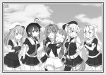  absurdres ahoge bangs beret braid breasts commentary_request elbow_gloves fang fingerless_gloves gloves greyscale hair_between_eyes hair_flaps hair_ornament hair_ribbon hairclip harusame_(kancolle) hat highres holding_hands kantai_collection large_breasts long_hair medium_breasts mocchi_(mocchichani) monochrome multiple_girls murasame_(kancolle) murasame_kai_ni_(kancolle) neckerchief open_mouth pleated_skirt ponytail revision ribbon samidare_(kancolle) school_uniform serafuku shigure_(kancolle) shiratsuyu_(kancolle) shiratsuyu_kai_ni_(kancolle) short_sleeves side_ponytail single_braid skin_fang skirt small_breasts two_side_up yuudachi_(kancolle) yuudachi_kai_ni_(kancolle) 