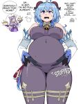  animal_humanoid belly big_belly big_breasts blue_hair breasts cat_humanoid dialogue duo eyes_closed felid felid_humanoid feline feline_humanoid female food ganyu_(genshin_impact) genshin_impact hair holding_stomach horn horned_humanoid humanoid keqing_(genshin_impact) lewdlemage mammal mammal_humanoid mihoyo navel purple_eyes purple_hair simple_background smile speech_bubble standing stuffing text thick_thighs video_games wide_hips 