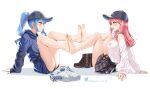  2girls :d bare_legs barefoot baseball_cap blue_choker blue_eyes blue_hair blue_hoodie boots boots_removed casino_(casinoep) choker earrings ears_through_headwear from_side full_body green_eyes grin hair_behind_ear hat highres hololive hood hoodie hoshimachi_suisei jewelry legs_up long_hair long_sleeves looking_at_another multiple_girls nail_polish off_shoulder pink_hair plaid plaid_skirt ponytail profile sakura_miko shoes shoes_removed short_shorts shorts sidelocks sitting skirt sleeves_past_wrists smile star_(symbol) star_earrings toenail_polish toenails 