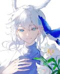 bird blue_eyes flower grey_hair highres looking_at_viewer mimizuku_(sky:_children_of_the_light) pointy_hair ponytail sky:_children_of_the_light white_flower white_hair xiaochuan562 