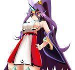  1girl arc_system_works bare_shoulders blazblue breasts cowboy_shot detached_sleeves dress hair_between_eyes hand_on_hip highres horns long_hair mikado_(blazblue) moroha_(kaiju) ponytail purple_hair red_dress red_eyes sideboob single_horn skirt small_breasts solo very_long_hair 