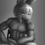  1other abs androgynous animal_ears bangs biceps elbow_on_knee furry gigachad_(meme) greyscale highres horizontal_pupils made_in_abyss meme monochrome muscular nanachi_(made_in_abyss) other_focus pectorals rabbit_ears sidelocks sitting smugbuns topless_male whiskers white_hair 
