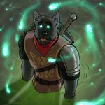  1:1 2021 anthro armor black_body black_fur canid canine canis chainmail domestic_dog fur glowing glowing_eyes hyenaface hypnovember knight male mammal melee_weapon open_mouth solo sword warrior weapon wisps 