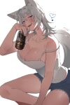  1girl animal_ear_fluff animal_ears bare_shoulders beer_can blush breasts can cleavage denim denim_shorts heart highres holding holding_can large_breasts looking_at_viewer lvemhrd medium_hair original short_shorts shorts sitting solo tail tank_top thighs white_tank_top wolf_ears wolf_girl wolf_tail 