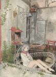  1girl absurdres bangs barefoot black_eyes blunt_bangs bone door doormat fujitoma highres horns indoors long_hair original painting_(medium) plant scenery sitting solo spine table torii traditional_media watercolor_(medium) white_hair 