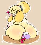  &lt;3 animal_crossing anthro big_breasts big_butt blonde_hair blush breasts butt canid canine canis dinosaur domestic_dog duo female hair hi_res huge_breasts huge_butt isabelle_(animal_crossing) lewdchuu_(artist) male mammal mario_bros nintendo nipples pink_nipples purple_body reptile scalie sitting sitting_on_another tongue tongue_out video_games yellow_body yoshi 