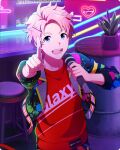  1boy ahoge blue_eyes chair fingernails hair_ornament hairpin idolmaster idolmaster_side-m idolmaster_side-m_growing_stars jacket kabuto_daigo light male_focus official_art open_clothes open_mouth pink_hair plant pointing print_shirt red_shirt shirt smile solo teeth third-party_source 