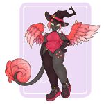  1:1 anthro bovid caprine caprine_demon chubby_female clothing costume demon female goat goat_demon hair hat headgear headwear hi_res humanoid hybrid legwear mammal pink_hair selene(some-bunny) slightly_chubby solo some-bunny spikes spread_wings stockings tail_tuft tuft wings witch_costume witch_hat 