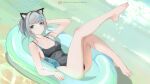 1girl animal_ears areola_slip barefoot black_one-piece_swimsuit blue_archive blue_eyes breasts bright_pupils cat_ears cat_girl da_(datako) grey_hair halo highres innertube looking_at_viewer mismatched_pupils one-piece_swimsuit paid_reward_available shiroko_(blue_archive) small_breasts solo swimsuit toes water white_pupils 