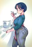  1girl alternate_breast_size apron artist_request ass black_hair blue_shirt blush breasts brown_eyes cooking drawfag grey_pants highres huge_ass ladle large_breasts long_sleeves looking_at_viewer pants plump ranma_1/2 shirt short_hair sketch solo standing stove tendou_akane 