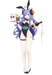  1girl :d absurdres ahoge alcohol alternate_costume animal_ears bangs bare_shoulders black_footwear black_leotard blush bottle braid breasts cleavage detached_collar etn298 fake_animal_ears flower groin hair_between_eyes highres holding holding_bottle holding_tray horns kindred_(league_of_legends) lamb_(league_of_legends) league_of_legends leotard long_hair looking_at_viewer open_mouth pantyhose playboy_bunny rabbit_ears shoes smile solo spirit_blossom_(league_of_legends) spirit_blossom_kindred strapless strapless_leotard tray wine wrist_cuffs 