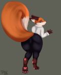  2020 anthro big_tail black_bottomwear black_clothing black_pants blue_eyes blush bottomwear camel_toe canid canine closed_smile clothed clothing dated ears_back female fox full-length_portrait fur hi_res isyld mammal moop_(isyld) mouth_closed narrowed_eyes orange_body orange_fur pants pawpads pivoted_ears portrait rear_view red_pawpads signature simple_background slight_smile solo standing topwear white_body white_clothing white_fur white_topwear 