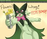  2022 4_fingers anthro bomb breasts cape clothing crotch_tuft cute_fangs digital_media_(artwork) english_text explosives featureless_crotch felid feline female fingers flower fur generation_9_pokemon green_body green_fur hi_res holding_bomb holding_object holding_weapon mammal mask medium_breasts meme meowscarada midriff navel nintendo open_mouth petals petrovolt pipe_bomb plant pokemon pokemon_(species) red_eyes simple_background smile solo standing text thick_thighs tuft video_games weapon wide_hips 