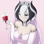  1girl absurdres alcohol black_eyes black_hair breasts bridal_gauntlets bridal_veil cleavage cup dress drinking_glass hair_between_eyes heart heart-shaped_pupils highres holding holding_cup jewelry looking_at_viewer made_in_abyss multicolored_hair necklace ozen pearl_necklace pink_background red_wine simple_background smugbuns solo symbol-shaped_pupils tiara two-tone_hair veil wedding_dress white_hair wine wine_glass 