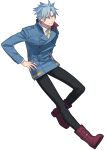  1boy absurdres black_pants blue_hair blue_jacket boots full_body hair_between_eyes hands_on_hips highres id_:invaded jacket jewelry kinakkon long_sleeves looking_at_viewer male_focus pants ring short_hair simple_background smile spiked_hair white_background yellow_eyes 