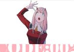  1girl :o aoi_(altea0923) aqua_eyes arm_up bangs breasts commentary_request darling_in_the_franxx facing_viewer hairband highres horns long_hair long_sleeves looking_up medium_breasts military military_uniform necktie oni_horns open_mouth pink_hair red_horns red_shirt shirt simple_background solo uniform upper_body white_background white_hairband yellow_necktie zero_two_(darling_in_the_franxx) 