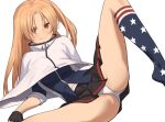  1girl azur_lane black_skirt blonde_hair cleveland_(azur_lane) closed_mouth knee_up kneehighs long_hair looking_at_viewer lying on_side panties pleated_skirt red_eyes s.w simple_background skirt sleeves_rolled_up smile socks solo underwear white_background white_panties 