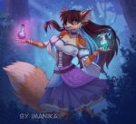  2022 5_fingers anthro blue_eyes breasts brown_hair canid canine clothed clothing detailed_background digital_media_(artwork) dress female fingers forest fox hair imanika looking_at_viewer mammal night outside plant smile tree 