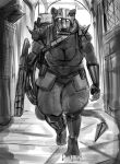  2022 anthro armor barefoot big_breasts biped bottomwear breasts claws clothing digital_media_(artwork) doctordj feet female greyscale gun headgear helmet hi_res holding_gun holding_object holding_rifle holding_weapon mammal monochrome pants pauldron ranged_weapon rodent skaven solo toe_claws walking walking_towards_viewer warhammer_(franchise) warhammer_40000 weapon 