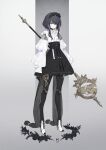  1girl black_gloves black_hair doll_joints frills full_body gloves high_heels holding holding_polearm holding_weapon joints looking_at_viewer maid_headdress neco original polearm puffy_sleeves purple_eyes skirt solo weapon 