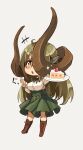 +++ 159cm 1girl :o ahoge boots brown_footwear cake cake_slice chibi curled_horns food glan_(159cm) green_hair green_ribbon green_skirt highres holding holding_plate horns huge_horns long_hair long_sleeves looking_at_viewer neck_ribbon original plate ribbon shirt simple_background skirt solo white_background white_shirt 