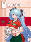  1girl 2022_fifa_world_cup ball blue_eyes blue_hair breasts crop_top green_skirt hatsune_miku highres jokanhiyou large_breasts long_hair looking_at_viewer midriff morocco multicolored_clothes multicolored_skirt navel pleated_skirt red_skirt skirt soccer soccer_ball soccer_uniform solo sportswear twintails underboob very_long_hair vocaloid world_cup 