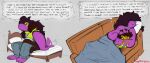  2022 ambiguous_gender anthro bed bedding blanket clothed clothing dated deltarune duo embrace english_text female female/ambiguous furniture happy hug human kris_(deltarune) larger_anthro larger_female lizard lying mammal on_bed on_lap on_side on_sofa powerjam purple_body reptile romantic romantic_couple scalie sitting size_difference smaller_ambiguous smaller_human sofa susie_(deltarune) tail_motion tailwag text thought_bubble undertale_(series) video_games yellow_eyes 