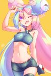  1girl absurdres ball bike_shorts bow-shaped_hair breasts character_hair_ornament hair_ornament highres holding holding_ball iono_(pokemon) kanimiso_(juutilainen77) long_hair low-tied_long_hair multicolored_hair navel pink_hair poke_ball poke_ball_(basic) pokemon pokemon_(game) pokemon_sv small_breasts solo twintails two-tone_hair very_long_hair x 